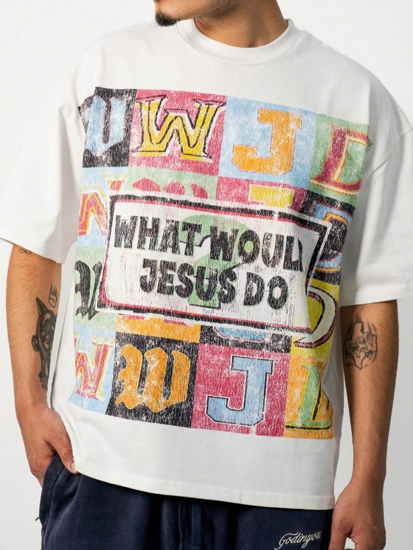 1 PCS Color Block Plaid Gothic Letter With Center Inspirational Slogan Front Graphic 100% Cotton Loose Short Sleeve Tee For Faith Inspired Daily Stree