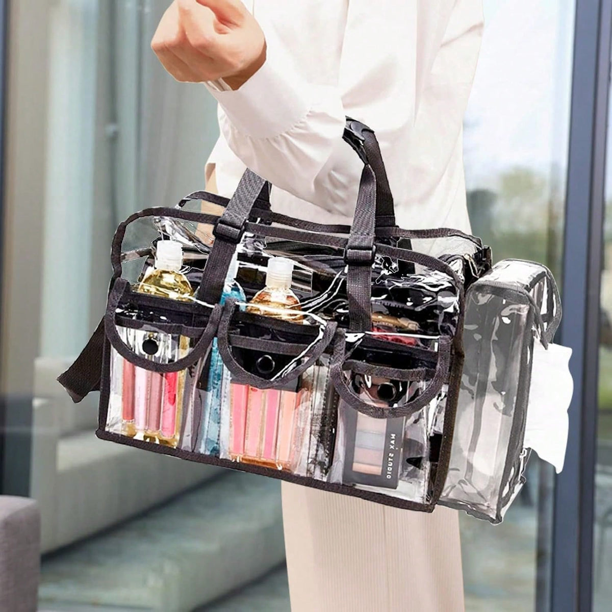 1 PCS Professional Clear PVC Makeup Kits Organizer Make Up Set Bag MUA Carry All Artist Transparent Vinyl Travel Cosmetic Bag With 6 External Pockets