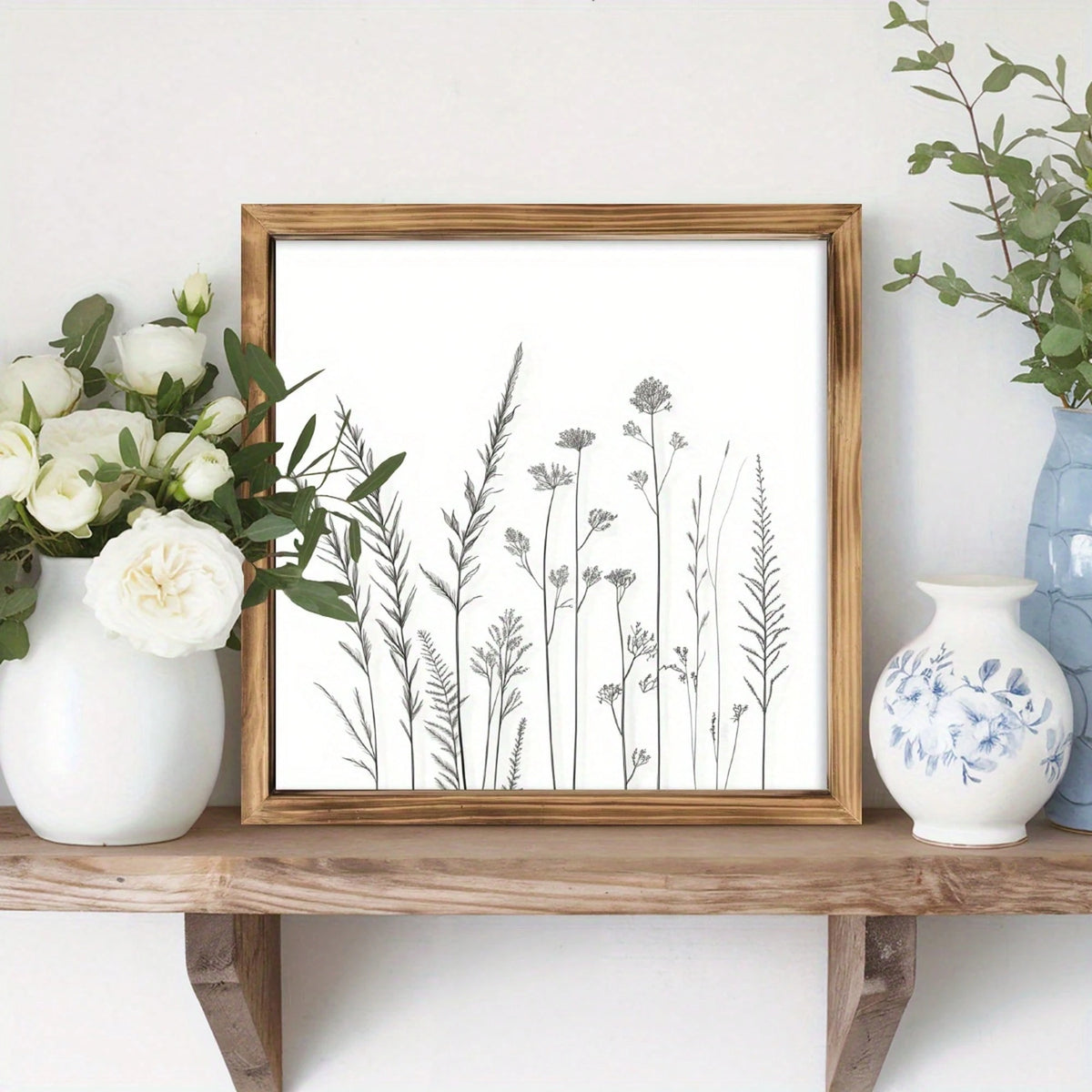 1-Piece Rustic Wildflower Wooden Wall Art Sign- 8x8 Inch Farmhouse Decor, Black And White Line Drawing, Faux Wood Frame, Simple Living Room, Bedroom, Entrance Tabletop Artwork- Ideal Home Gift, Farm