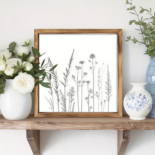 1-Piece Rustic Wildflower Wooden Wall Art Sign- 8x8 Inch Farmhouse Decor, Black And White Line Drawing, Faux Wood Frame, Simple Living Room, Bedroom, Entrance Tabletop Artwork- Ideal Home Gift, Farm