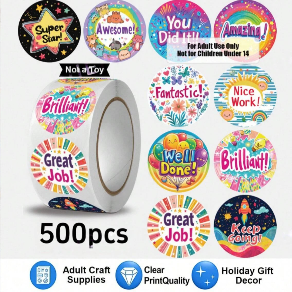 1 Roll 500pcs Inspirational Reward Stickers, English Motivational Slogan Stickers. Suitable For Student Rewards, Campus Encouragement, Game Props, Toy Matching, Cartoon Animal Stationery Labels. Self