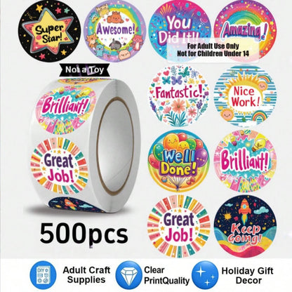 1 Roll 500pcs Inspirational Reward Stickers, English Motivational Slogan Stickers. Suitable For Student Rewards, Campus Encouragement, Game Props, Toy Matching, Cartoon Animal Stationery Labels. Self