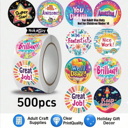 1 Roll 500pcs Inspirational Reward Stickers, English Motivational Slogan Stickers. Suitable For Student Rewards, Campus Encouragement, Game Props, Toy Matching, Cartoon Animal Stationery Labels. Self