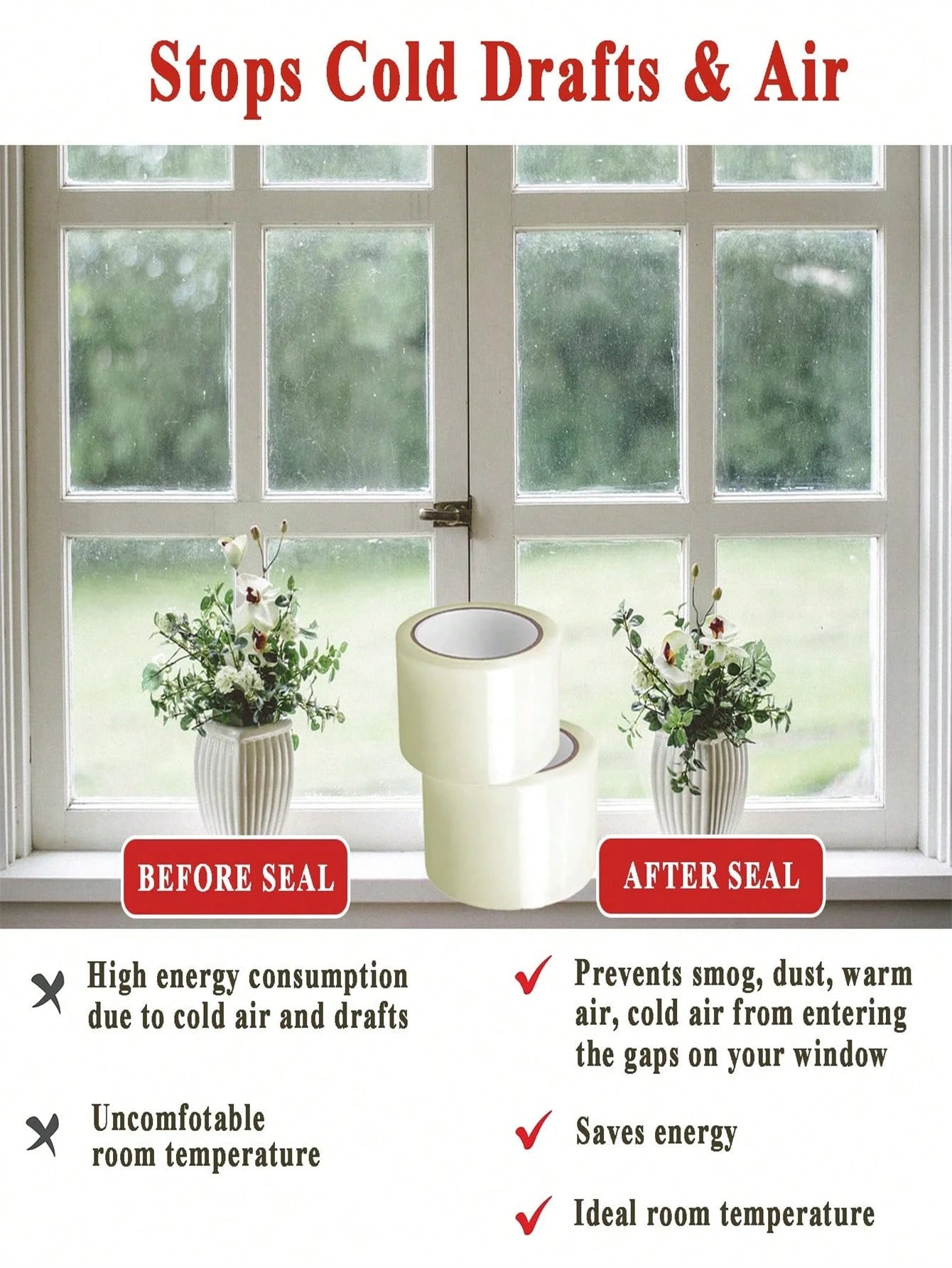 1 Roll High Viscosity Waterproof Windproof Sealing Tape, Window Weatherstrip & Thermal Insulation Film, Winter Leak Protection, Windproof And Waterproof, Cold-Proof, Glue-Free Sealant Tape, Window Dra