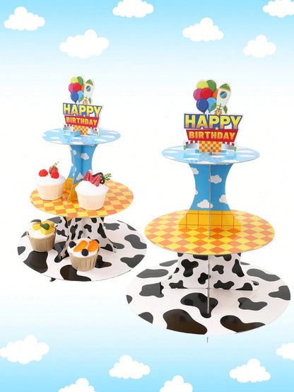 1 Set 3-Tier Birthday Cupcake Stand, Boy Birthday Party Decoration, Cow Print Sky Cloud Dessert Stand, Rocket Balloon Happy Birthday Cardboard Cake Stand, Baby Shower Birthday Table Decor, Birthday De