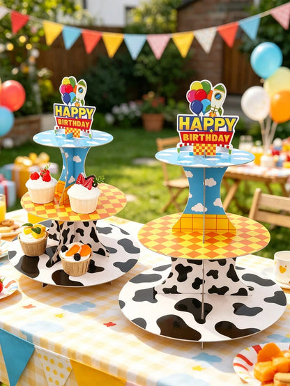 1 Set 3-Tier Birthday Cupcake Stand, Boy Birthday Party Decoration, Cow Print Sky Cloud Dessert Stand, Rocket Balloon Happy Birthday Cardboard Cake Stand, Baby Shower Birthday Table Decor, Birthday De
