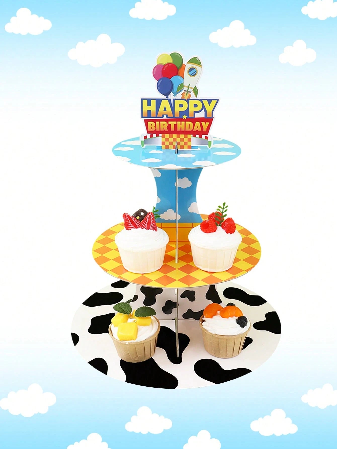 1 Set 3-Tier Birthday Cupcake Stand, Boy Birthday Party Decoration, Cow Print Sky Cloud Dessert Stand, Rocket Balloon Happy Birthday Cardboard Cake Stand, Baby Shower Birthday Table Decor, Birthday De