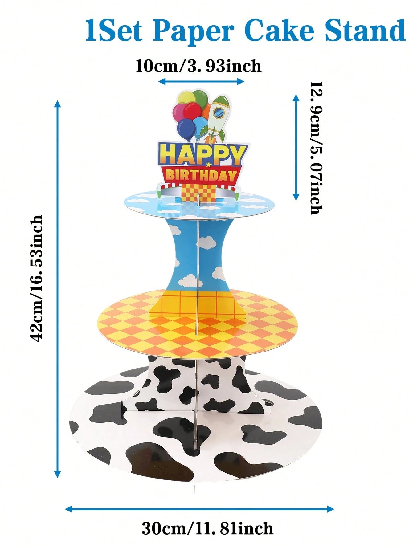 1 Set 3-Tier Birthday Cupcake Stand, Boy Birthday Party Decoration, Cow Print Sky Cloud Dessert Stand, Rocket Balloon Happy Birthday Cardboard Cake Stand, Baby Shower Birthday Table Decor, Birthday De