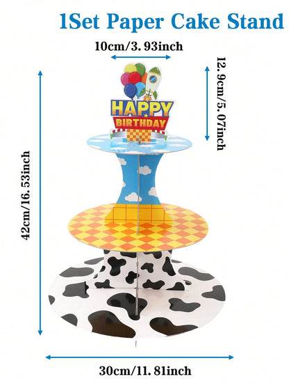 1 Set 3-Tier Birthday Cupcake Stand, Boy Birthday Party Decoration, Cow Print Sky Cloud Dessert Stand, Rocket Balloon Happy Birthday Cardboard Cake Stand, Baby Shower Birthday Table Decor, Birthday De