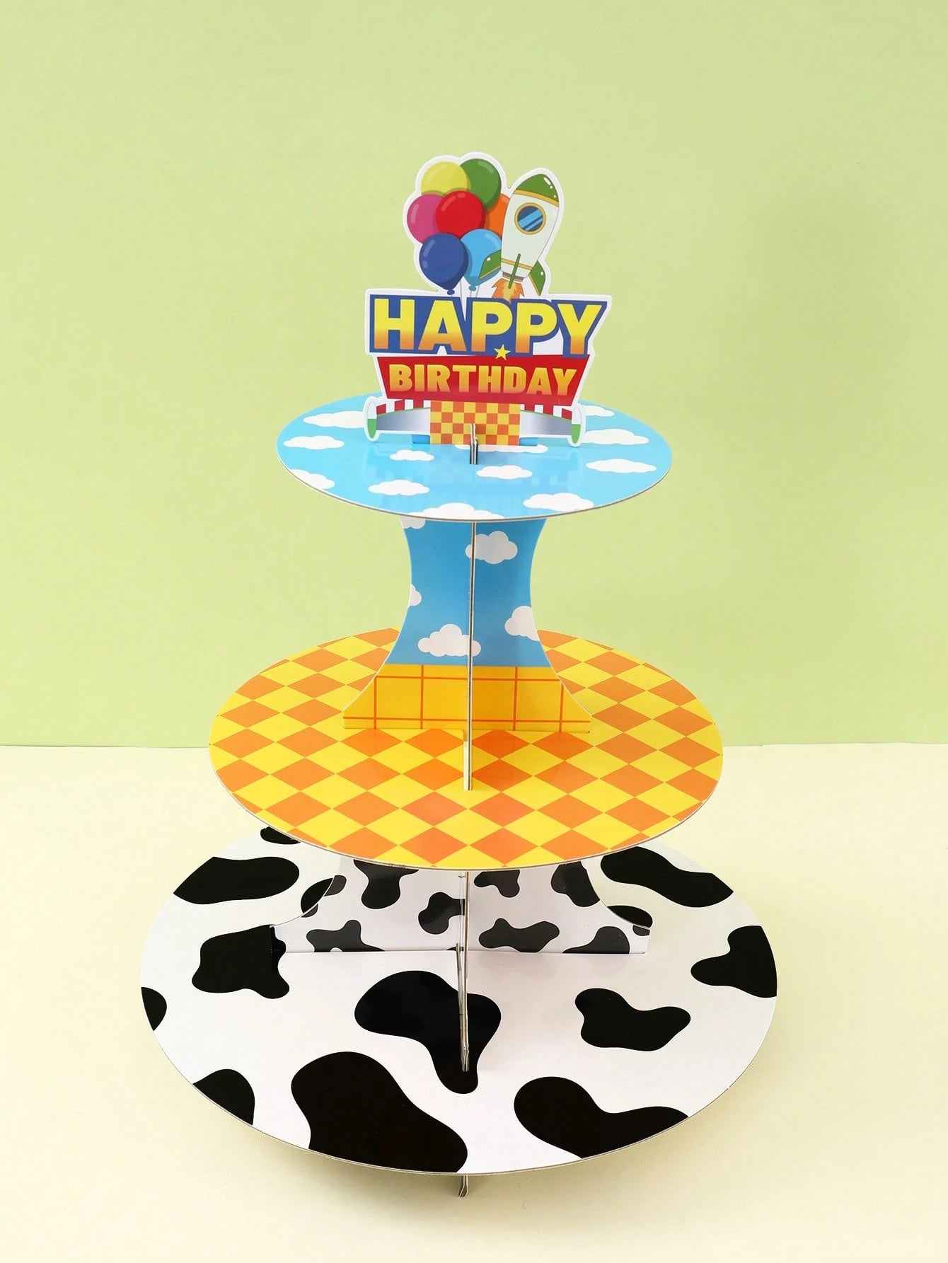 1 Set 3-Tier Birthday Cupcake Stand, Boy Birthday Party Decoration, Cow Print Sky Cloud Dessert Stand, Rocket Balloon Happy Birthday Cardboard Cake Stand, Baby Shower Birthday Table Decor, Birthday De