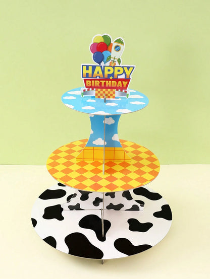 1 Set 3-Tier Birthday Cupcake Stand, Boy Birthday Party Decoration, Cow Print Sky Cloud Dessert Stand, Rocket Balloon Happy Birthday Cardboard Cake Stand, Baby Shower Birthday Table Decor, Birthday De