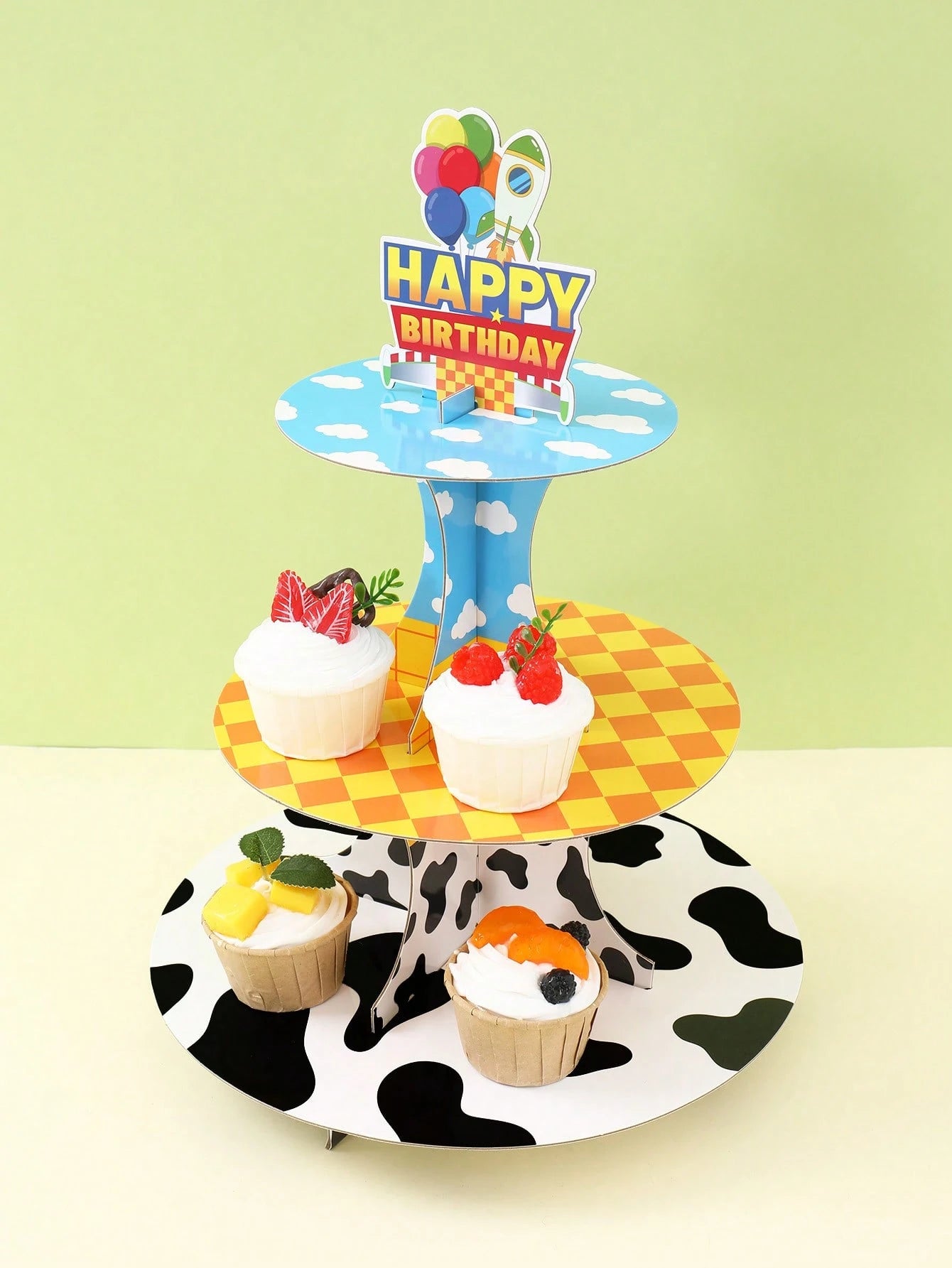 1 Set 3-Tier Birthday Cupcake Stand, Boy Birthday Party Decoration, Cow Print Sky Cloud Dessert Stand, Rocket Balloon Happy Birthday Cardboard Cake Stand, Baby Shower Birthday Table Decor, Birthday De