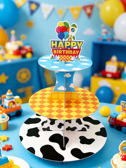 1 Set 3-Tier Birthday Cupcake Stand, Boy Birthday Party Decoration, Cow Print Sky Cloud Dessert Stand, Rocket Balloon Happy Birthday Cardboard Cake Stand, Baby Shower Birthday Table Decor, Birthday De
