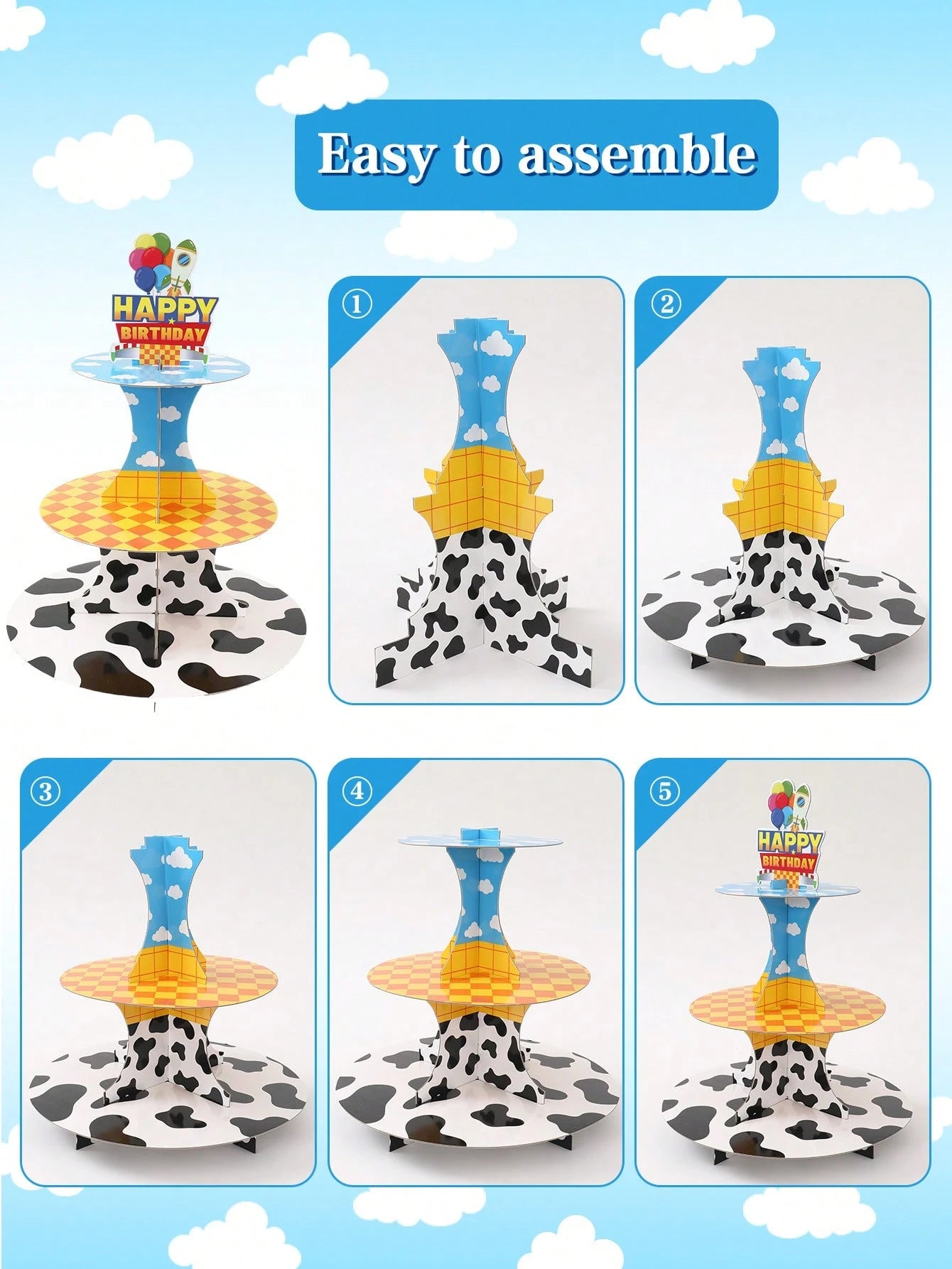 1 Set 3-Tier Birthday Cupcake Stand, Boy Birthday Party Decoration, Cow Print Sky Cloud Dessert Stand, Rocket Balloon Happy Birthday Cardboard Cake Stand, Baby Shower Birthday Table Decor, Birthday De