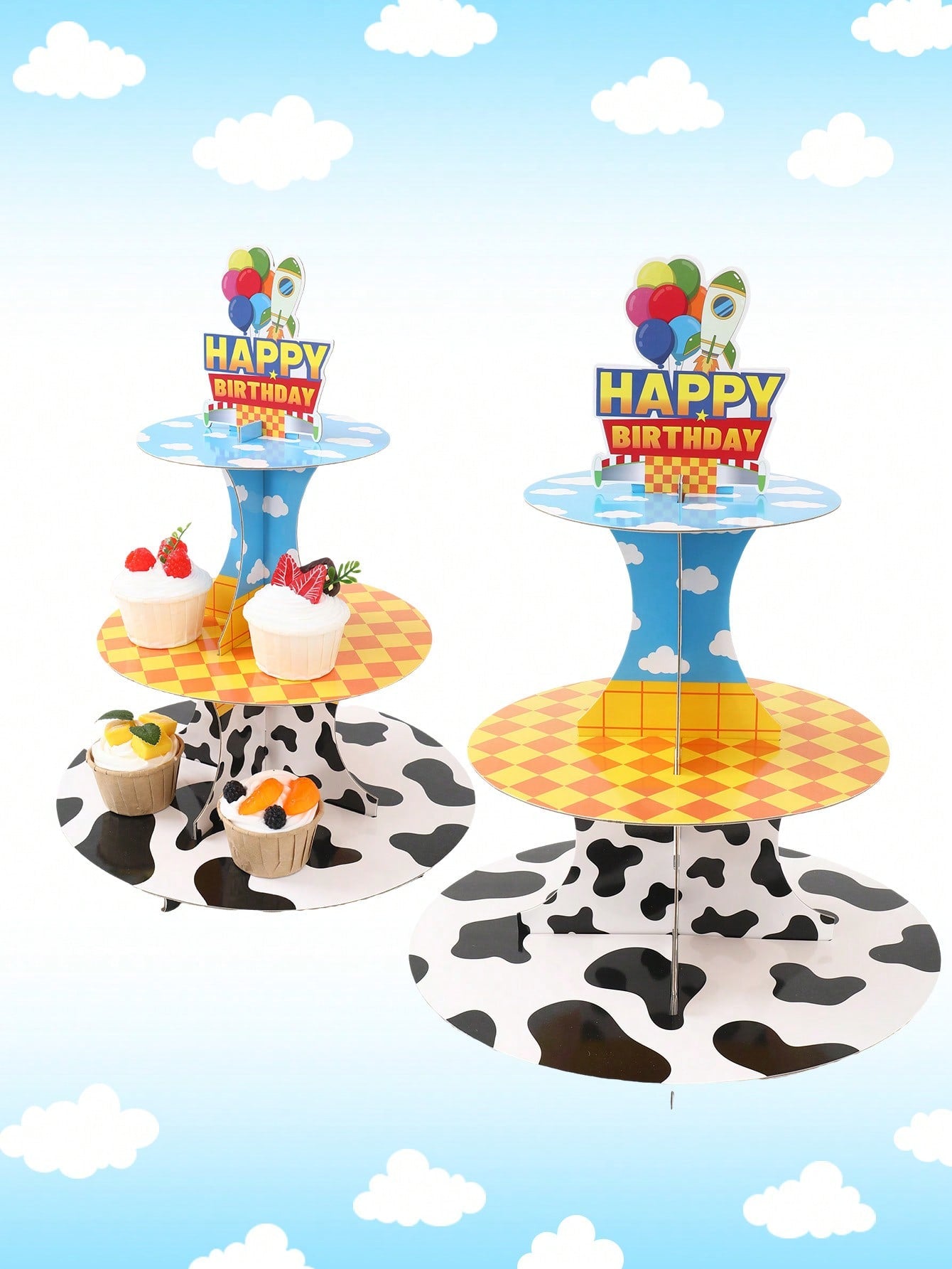 1 Set 3-Tier Birthday Cupcake Stand, Boy Birthday Party Decoration, Cow Print Sky Cloud Dessert Stand, Rocket Balloon Happy Birthday Cardboard Cake Stand, Baby Shower Birthday Table Decor, Birthday De