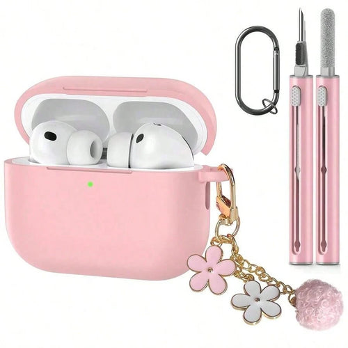 1 Set Apple Device Protective Case, Silicone Solid Color Integrated Earphone Case, Includes Flower Lanyard, Carabiner, And Cleaning Brush, Suitable As A Gift