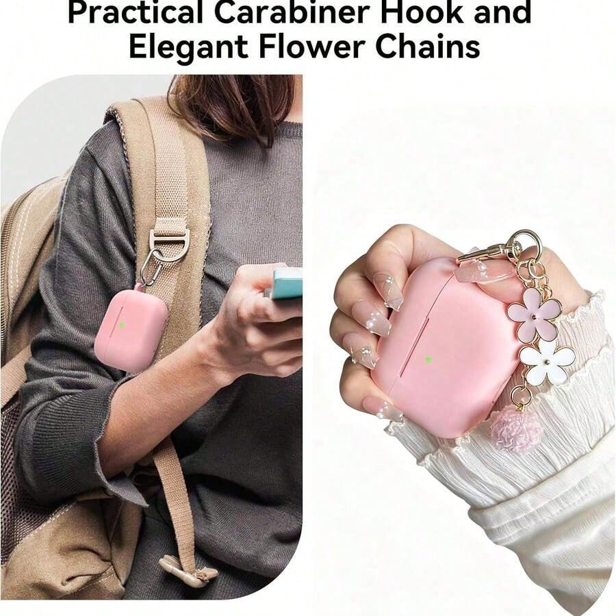 1 Set Apple Device Protective Case, Silicone Solid Color Integrated Earphone Case, Includes Flower Lanyard, Carabiner, And Cleaning Brush, Suitable As A Gift