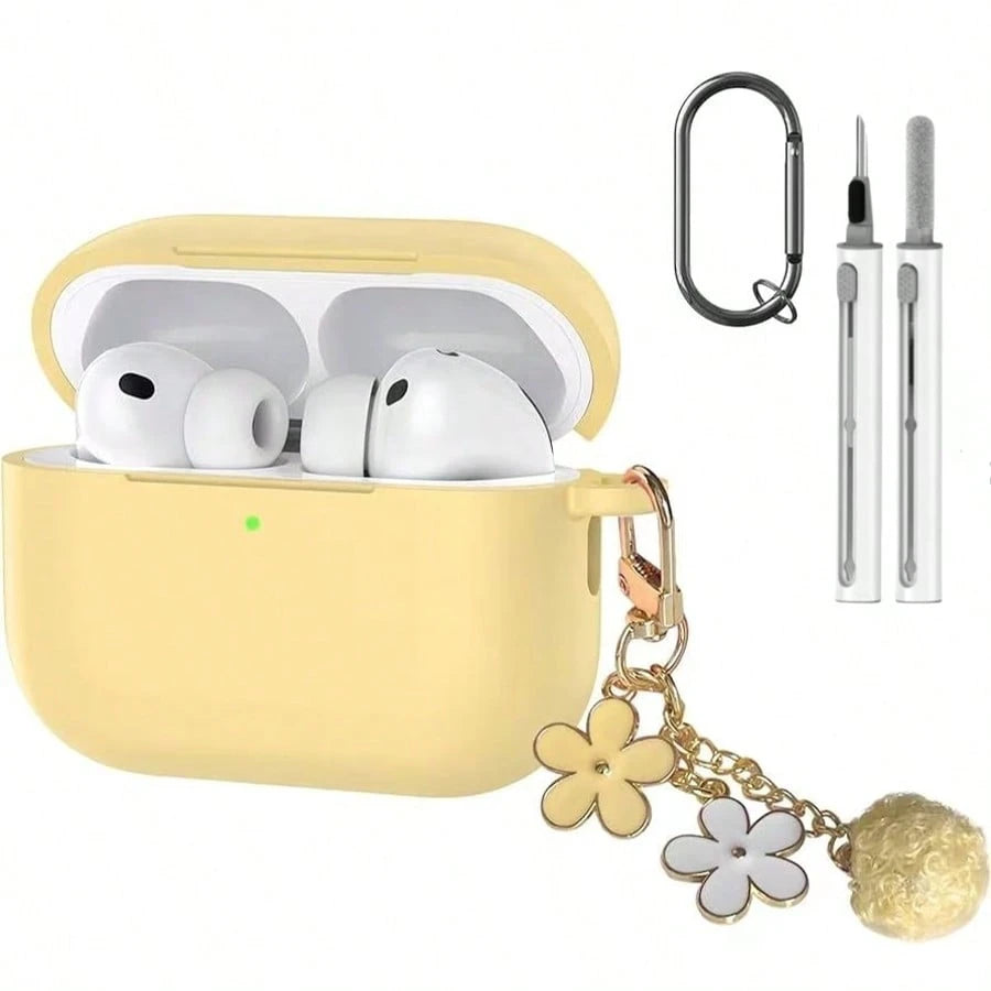 1 Set Apple Device Protective Case, Silicone Solid Color Integrated Earphone Case, Includes Flower Lanyard, Carabiner, And Cleaning Brush, Suitable As A Gift