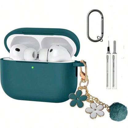 1 Set Apple Device Protective Case, Silicone Solid Color Integrated Earphone Case, Includes Flower Lanyard, Carabiner, And Cleaning Brush, Suitable As A Gift