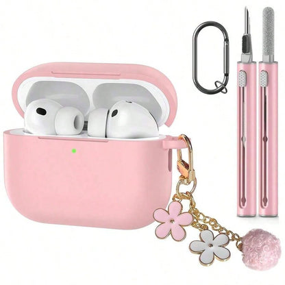 1 Set Apple Device Protective Case, Silicone Solid Color Integrated Earphone Case, Includes Flower Lanyard, Carabiner, And Cleaning Brush, Suitable As A Gift