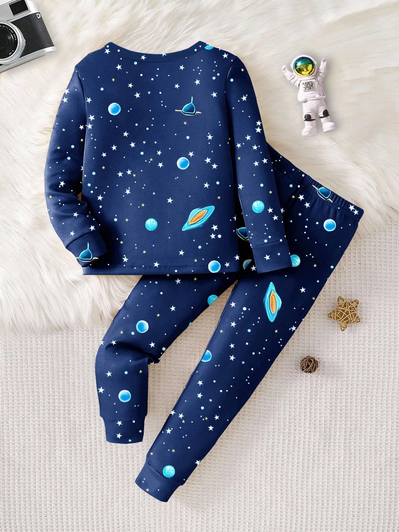 1 Set Baby Boy Astronaut Glow-In-The-Dark Star Print Tight Fit Long Sleeve Top & Pants Pajama Set,Navy Blue,Autumn,Cute,Lounge Snug Fit Boys Pajamas