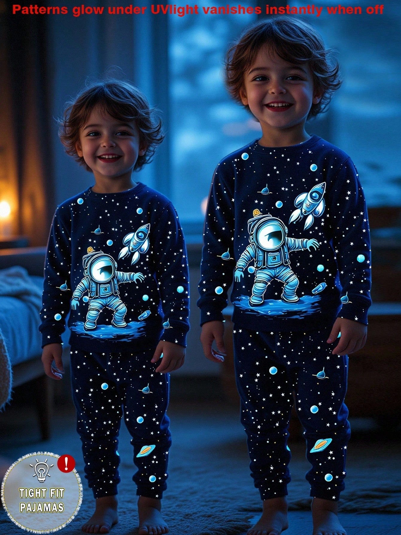 1 Set Baby Boy Astronaut Glow-In-The-Dark Star Print Tight Fit Long Sleeve Top & Pants Pajama Set,Navy Blue,Autumn,Cute,Lounge Snug Fit Boys Pajamas
