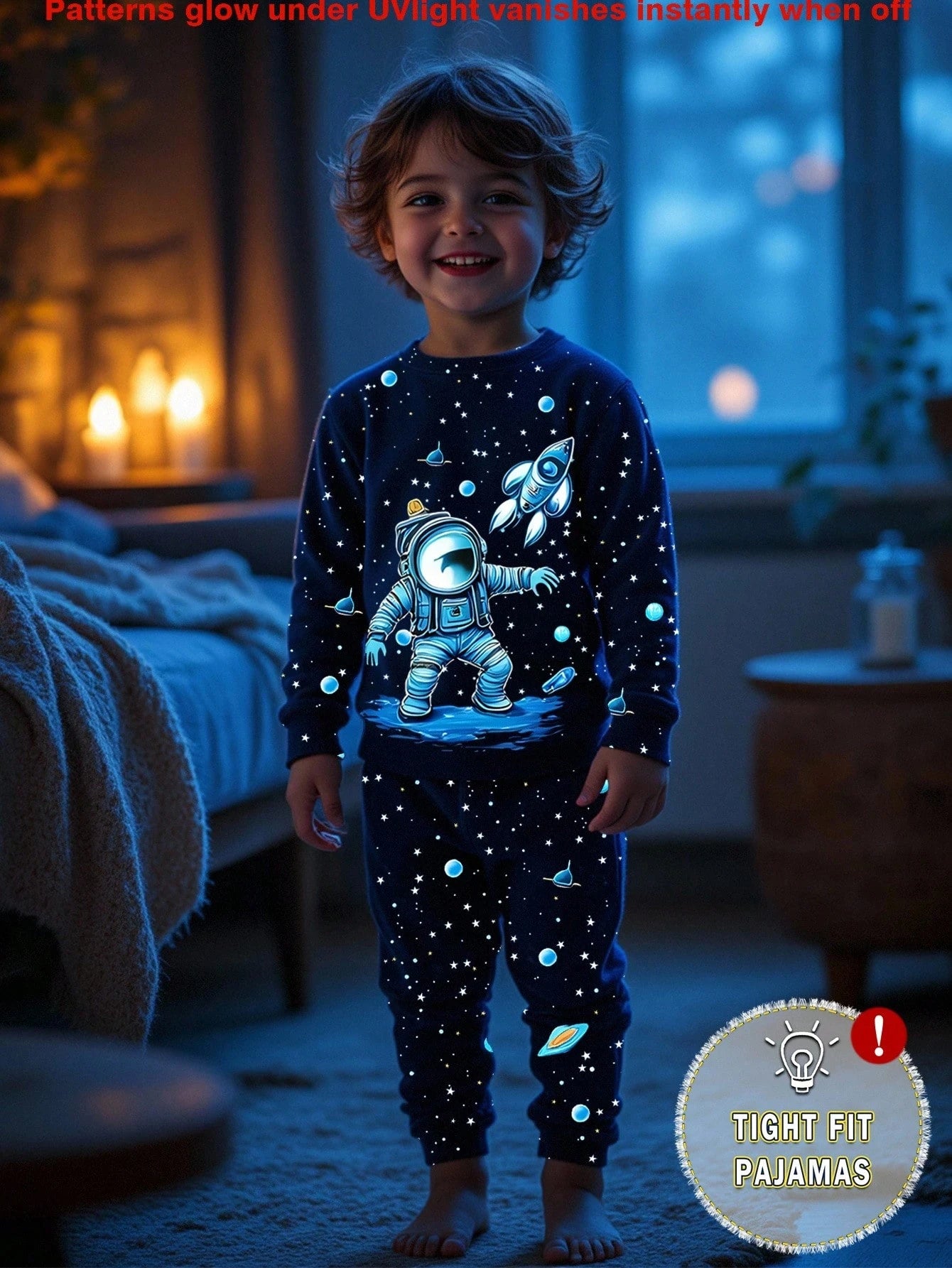 1 Set Baby Boy Astronaut Glow-In-The-Dark Star Print Tight Fit Long Sleeve Top & Pants Pajama Set,Navy Blue,Autumn,Cute,Lounge Snug Fit Boys Pajamas