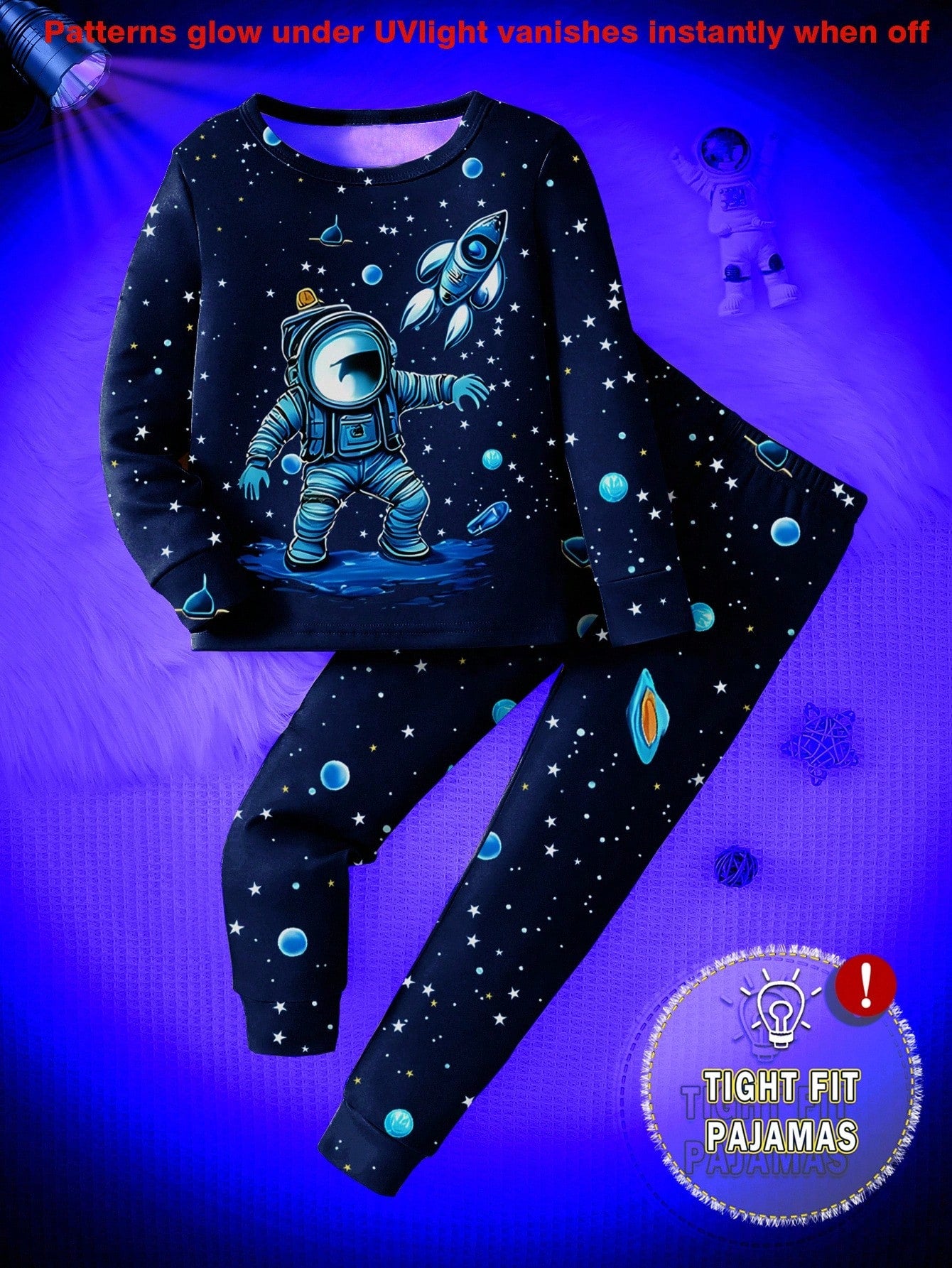 1 Set Baby Boy Astronaut Glow-In-The-Dark Star Print Tight Fit Long Sleeve Top & Pants Pajama Set,Navy Blue,Autumn,Cute,Lounge Snug Fit Boys Pajamas