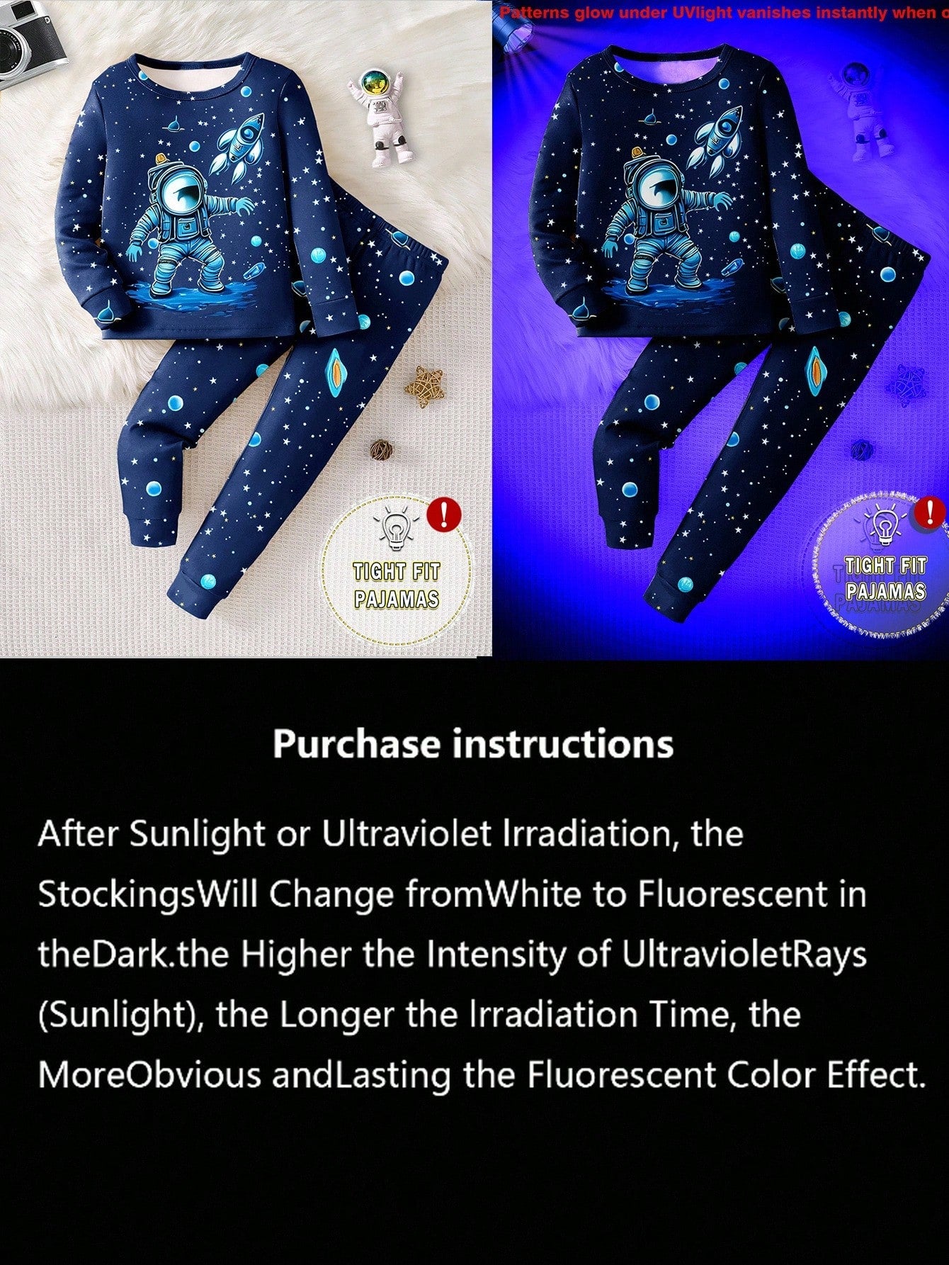 1 Set Baby Boy Astronaut Glow-In-The-Dark Star Print Tight Fit Long Sleeve Top & Pants Pajama Set,Navy Blue,Autumn,Cute,Lounge Snug Fit Boys Pajamas
