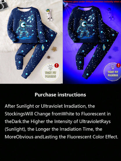 1 Set Baby Boy Astronaut Glow-In-The-Dark Star Print Tight Fit Long Sleeve Top & Pants Pajama Set,Navy Blue,Autumn,Cute,Lounge Snug Fit Boys Pajamas