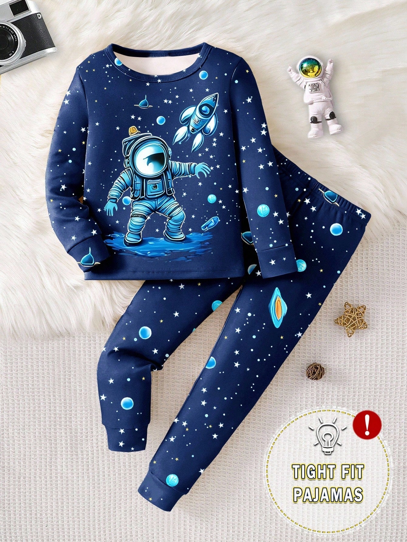 1 Set Baby Boy Astronaut Glow-In-The-Dark Star Print Tight Fit Long Sleeve Top & Pants Pajama Set,Navy Blue,Autumn,Cute,Lounge Snug Fit Boys Pajamas