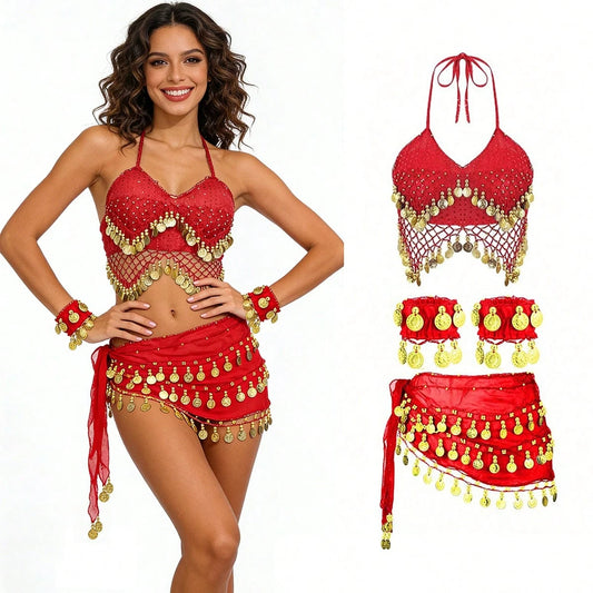 1 Set Handmade Sequin Bead Fringe Camisole Top Paired With Multi-Color Metallic Fabric Glitter Waist Skirt, 1 Pair Multi-Color Portrait Metal Coin Chiffon Bracelet, Suitable For Belly Dance Performanc