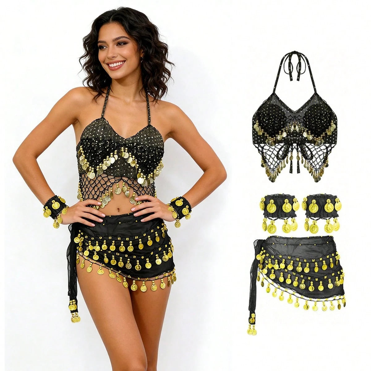 1 Set Handmade Sequin Bead Fringe Camisole Top Paired With Multi-Color Metallic Fabric Glitter Waist Skirt, 1 Pair Multi-Color Portrait Metal Coin Chiffon Bracelet, Suitable For Belly Dance Performanc