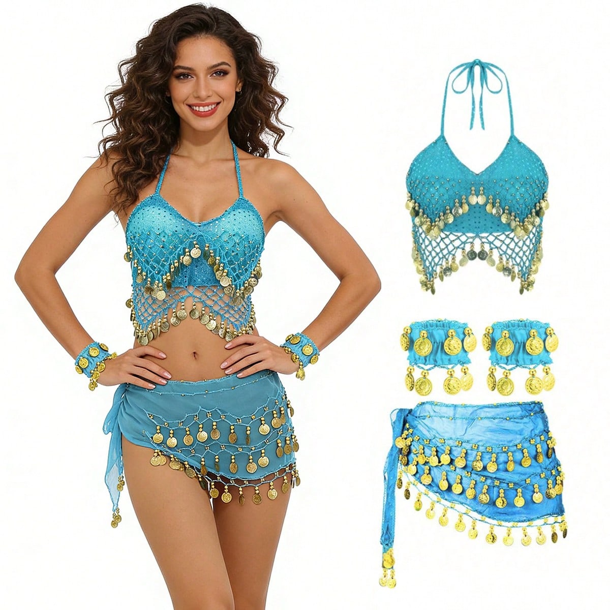 1 Set Handmade Sequin Bead Fringe Camisole Top Paired With Multi-Color Metallic Fabric Glitter Waist Skirt, 1 Pair Multi-Color Portrait Metal Coin Chiffon Bracelet, Suitable For Belly Dance Performanc