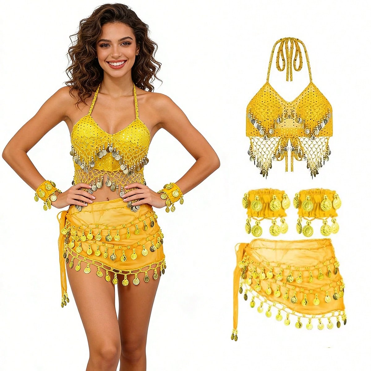 1 Set Handmade Sequin Bead Fringe Camisole Top Paired With Multi-Color Metallic Fabric Glitter Waist Skirt, 1 Pair Multi-Color Portrait Metal Coin Chiffon Bracelet, Suitable For Belly Dance Performanc