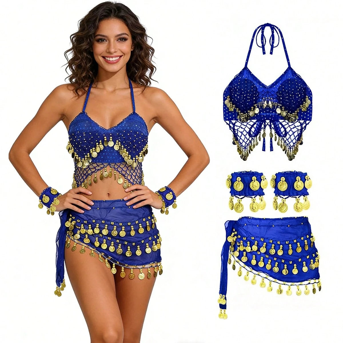 1 Set Handmade Sequin Bead Fringe Camisole Top Paired With Multi-Color Metallic Fabric Glitter Waist Skirt, 1 Pair Multi-Color Portrait Metal Coin Chiffon Bracelet, Suitable For Belly Dance Performanc