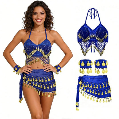 1 Set Handmade Sequin Bead Fringe Camisole Top Paired With Multi-Color Metallic Fabric Glitter Waist Skirt, 1 Pair Multi-Color Portrait Metal Coin Chiffon Bracelet, Suitable For Belly Dance Performanc