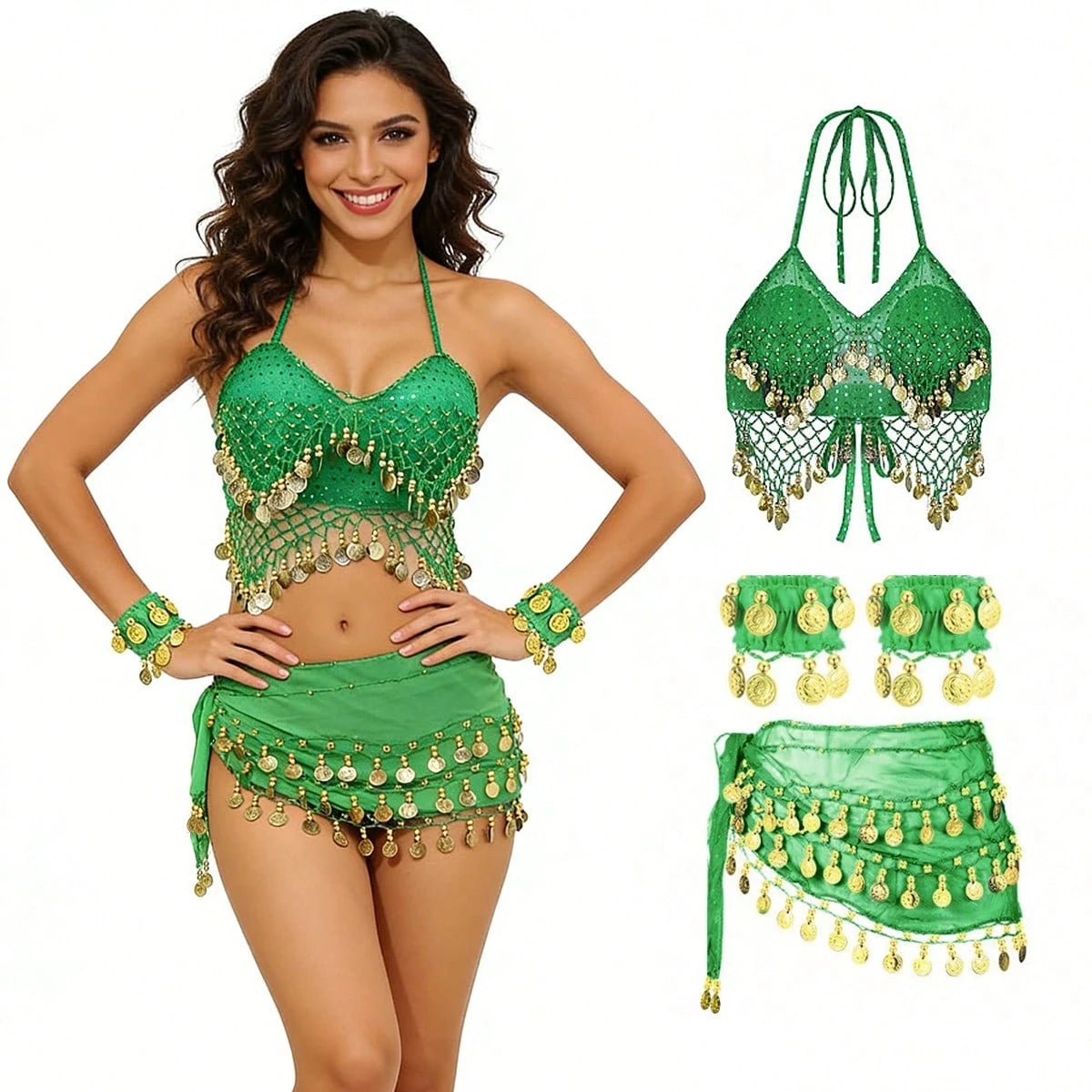 1 Set Handmade Sequin Bead Fringe Camisole Top Paired With Multi-Color Metallic Fabric Glitter Waist Skirt, 1 Pair Multi-Color Portrait Metal Coin Chiffon Bracelet, Suitable For Belly Dance Performanc