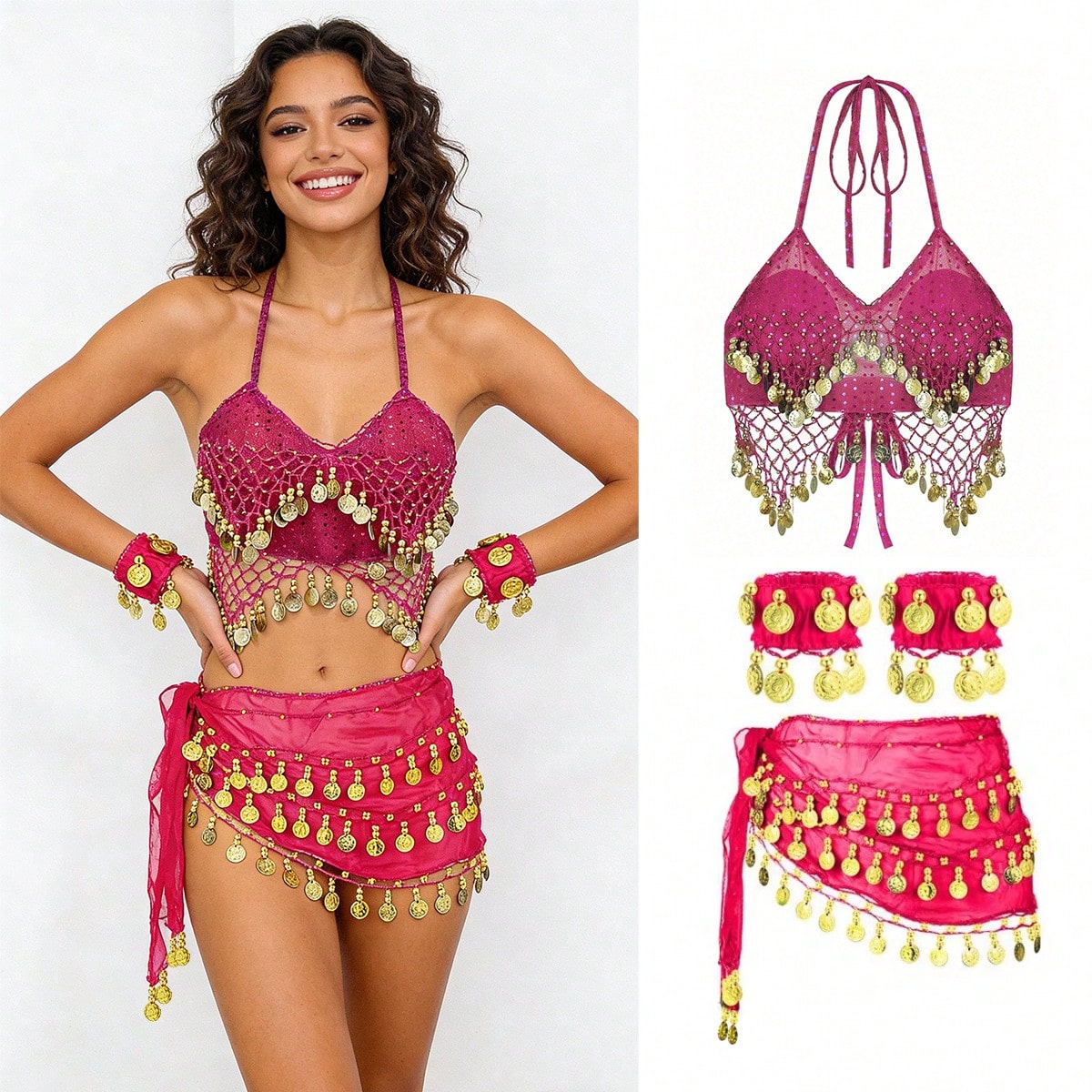 1 Set Handmade Sequin Bead Fringe Camisole Top Paired With Multi-Color Metallic Fabric Glitter Waist Skirt, 1 Pair Multi-Color Portrait Metal Coin Chiffon Bracelet, Suitable For Belly Dance Performanc
