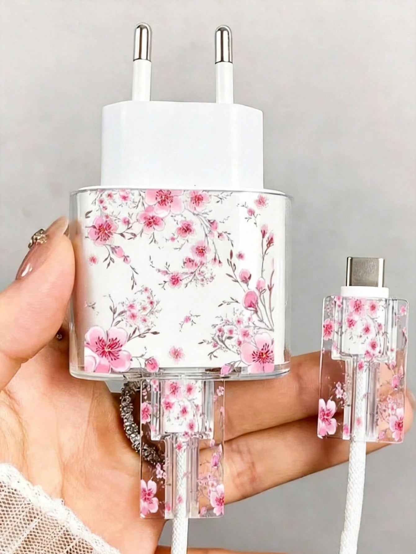 1 Set Pink Cherry Blossom/Tassel Flower/Bow Transparent Charger Protective Case (Compatible With 20W), Compatible With 13/14/15 European Adapter Protective Set 20W Charger With Cable Protective Case T