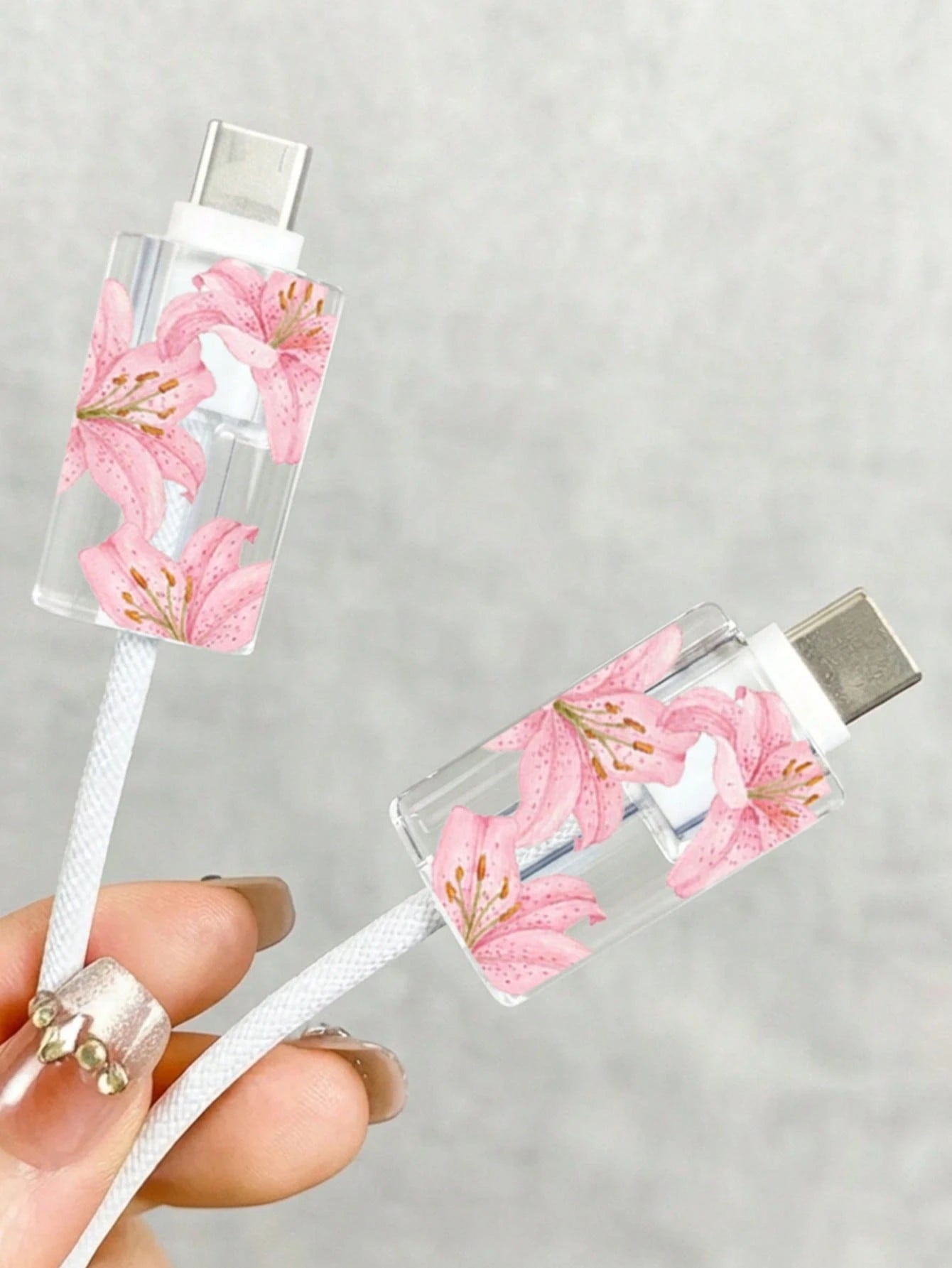 1 Set Pink Cherry Blossom/Tassel Flower/Bow Transparent Charger Protective Case (Compatible With 20W), Compatible With 13/14/15 European Adapter Protective Set 20W Charger With Cable Protective Case T