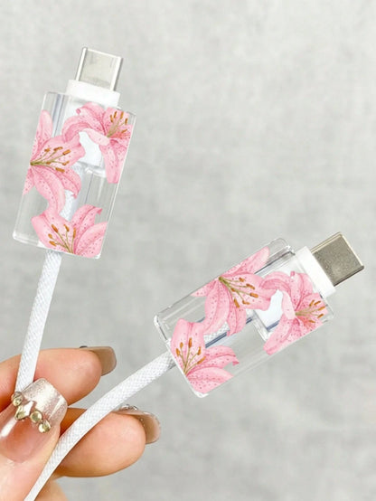 1 Set Pink Cherry Blossom/Tassel Flower/Bow Transparent Charger Protective Case (Compatible With 20W), Compatible With 13/14/15 European Adapter Protective Set 20W Charger With Cable Protective Case T
