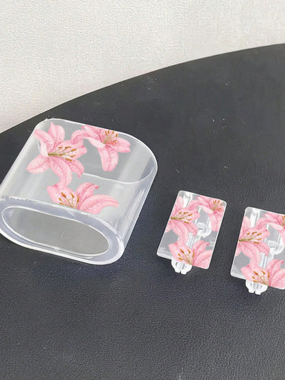 1 Set Pink Cherry Blossom/Tassel Flower/Bow Transparent Charger Protective Case (Compatible With 20W), Compatible With 13/14/15 European Adapter Protective Set 20W Charger With Cable Protective Case T