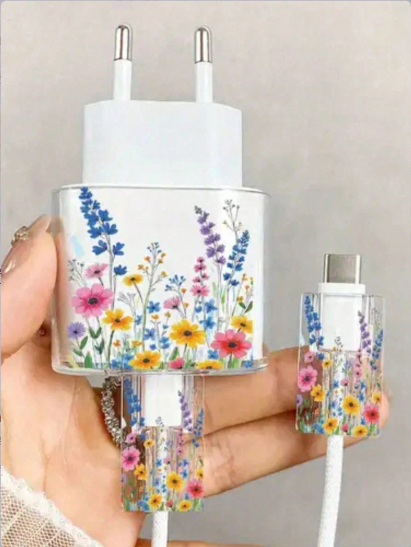1 Set Pink Cherry Blossom/Tassel Flower/Bow Transparent Charger Protective Case (Compatible With 20W), Compatible With 13/14/15 European Adapter Protective Set 20W Charger With Cable Protective Case T