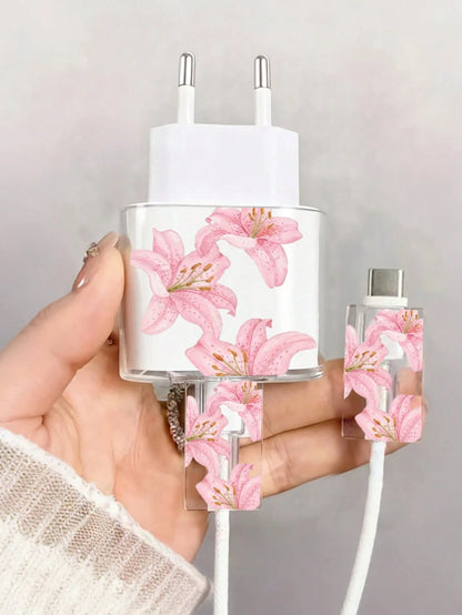 1 Set Pink Cherry Blossom/Tassel Flower/Bow Transparent Charger Protective Case (Compatible With 20W), Compatible With 13/14/15 European Adapter Protective Set 20W Charger With Cable Protective Case T