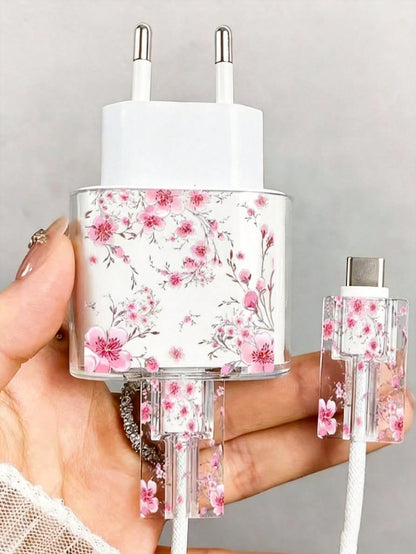 1 Set Pink Cherry Blossom/Tassel Flower/Bow Transparent Charger Protective Case (Compatible With 20W), Compatible With 13/14/15 European Adapter Protective Set 20W Charger With Cable Protective Case T
