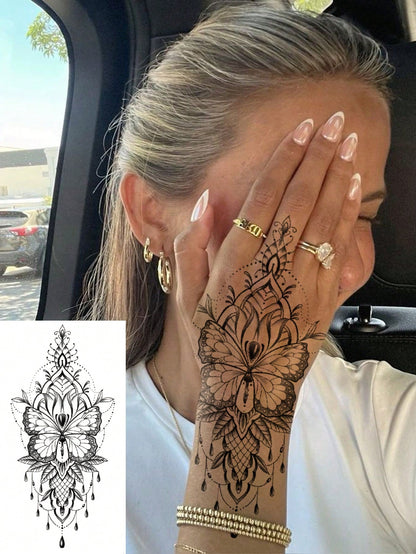 1 Sheet Big Size Body Art Temporary Tattoo Stickers For Men And Women,Sketch Realistic Style Mandala Henna Pattern,Waterproof Fake Tattoo,Lasts 2-5 Days,Covering Scars,Can Be Used On Arms Wrist Should