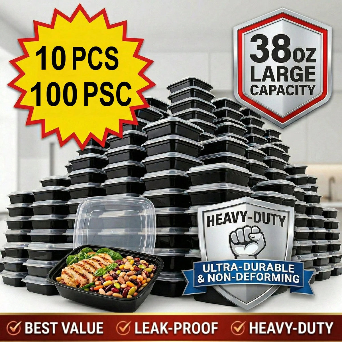 10/100pcs 38oz Black Rectangular Meal Prep Containers, Food Storage Container, Bento Box, Disposable Lunch Box, Kitchen Organizers And Storage Accessories, Microwave & Dishwasher & Freezer, Local Ware