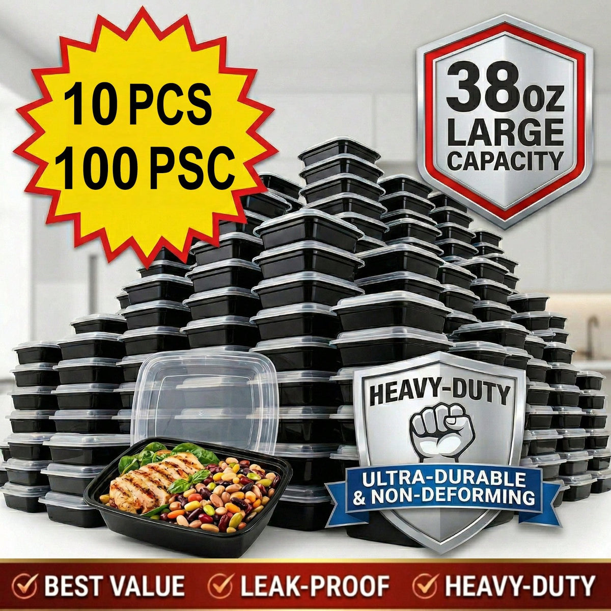 10/100pcs 38oz Black Rectangular Meal Prep Containers, Food Storage Container, Bento Box, Disposable Lunch Box, Kitchen Organizers And Storage Accessories, Microwave & Dishwasher & Freezer, Local Ware