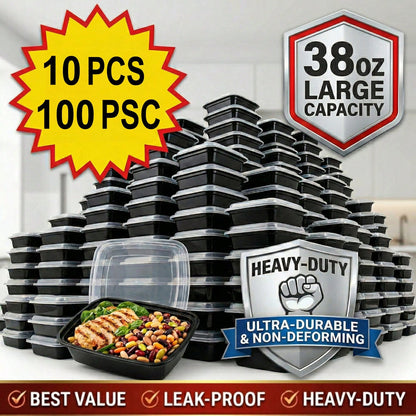 10/100pcs 38oz Black Rectangular Meal Prep Containers, Food Storage Container, Bento Box, Disposable Lunch Box, Kitchen Organizers And Storage Accessories, Microwave & Dishwasher & Freezer, Local Ware